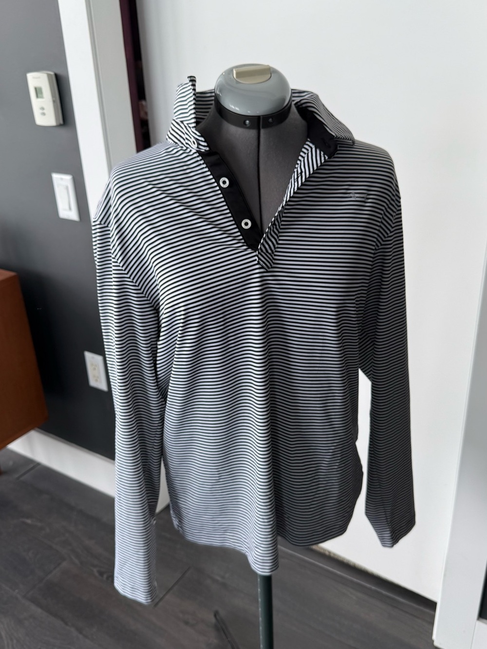 Men's Black & White Striped Long-Sleeve Polo